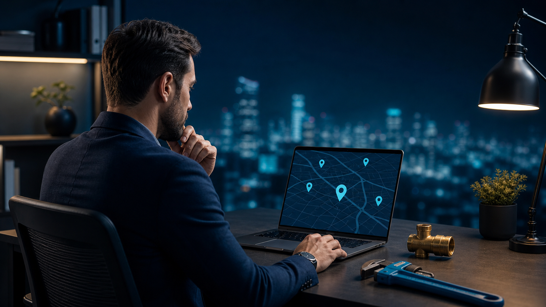 Agency professional researching local plumbing contractor leads on a city map