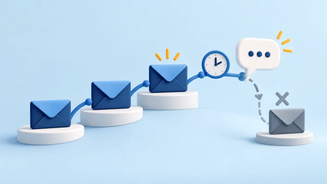 Illustration of spaced email follow-ups ending in a reply, with a clock and a stopped final envelope.