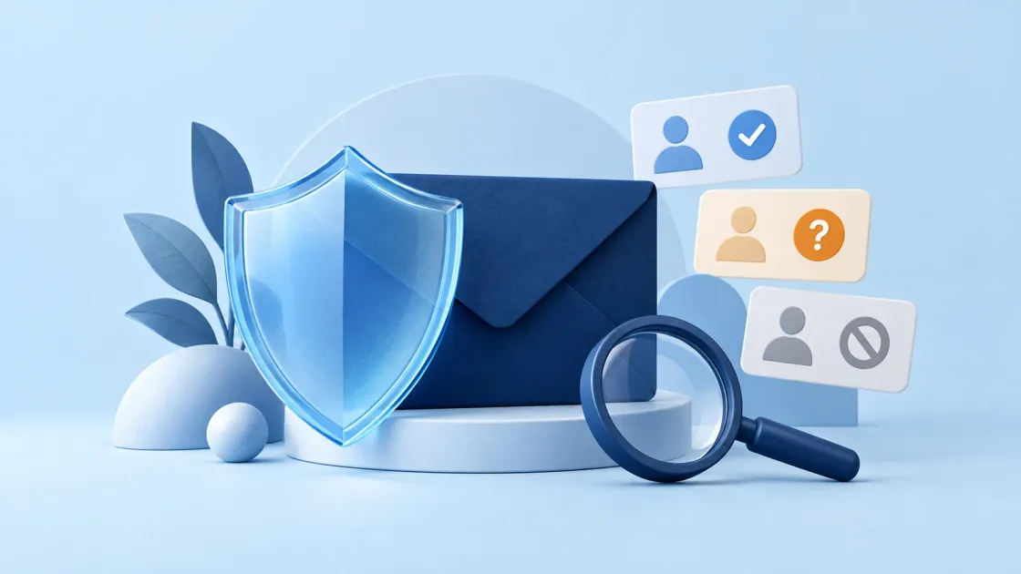 Illustration of an envelope protected by a shield with safe, uncertain and blocked address review cards.