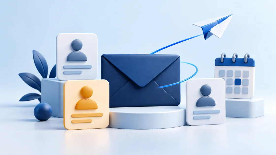 Illustration of a targeted cold email campaign with contact cards, an envelope, calendar and paper plane.