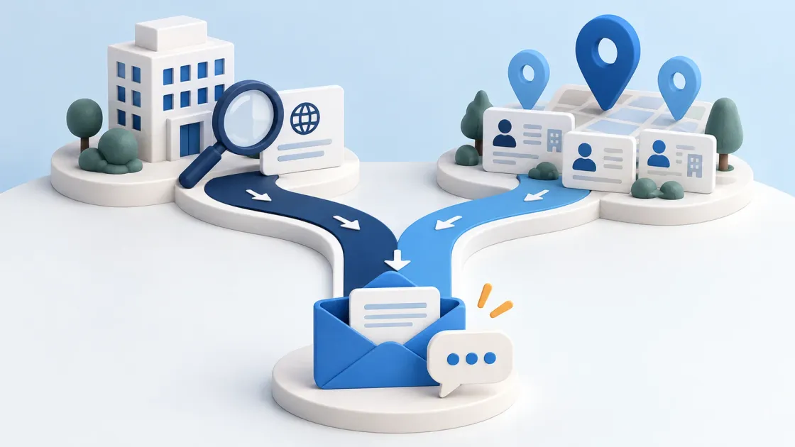 Illustration comparing domain-led and local business discovery paths leading to an email conversation.