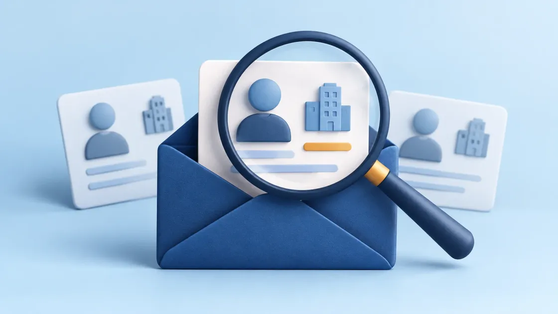 Illustration of a magnifying lens reviewing a company contact card inside an envelope for personalized outreach.