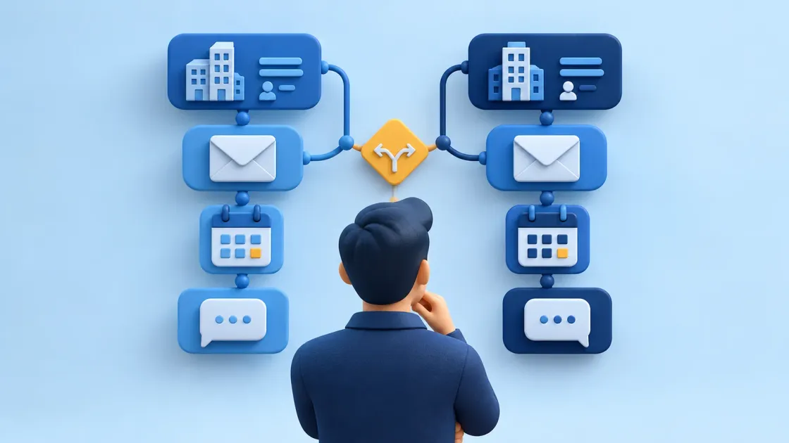 Illustration of two balanced lead discovery, email, scheduling and reply workflows with a central decision point.
